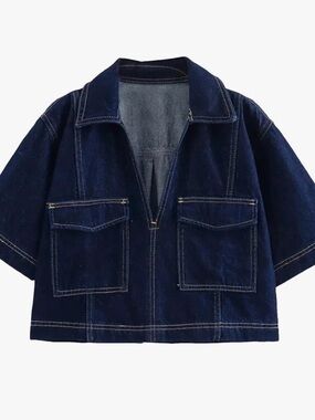 Dark Indigo Denim Zip Front Jacket with Patch Pockets